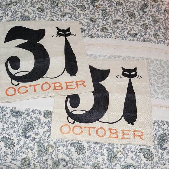 Halloween October CAT Pillow Cover Set (2) Throw Pillow Covers 18" x 18" NWOT - Picture 3 of 3
